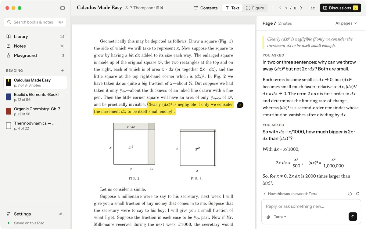 Legunt with a textbook open: a highlighted passage on the page and the discussion about it beside the page.